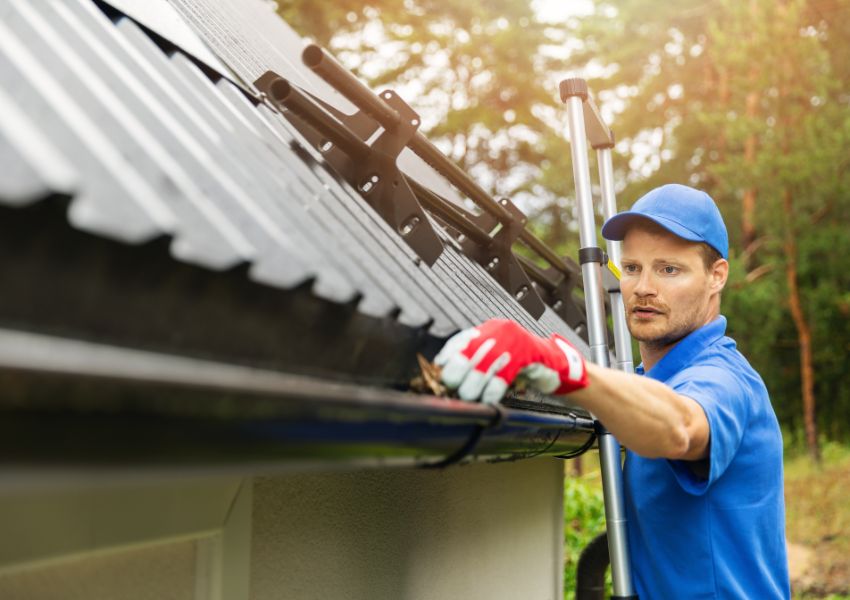 Person in a blue shirt standing on a ladder cleaning out gutters